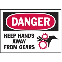 Polyester adhesive labels warning personnel to keep hands away from rotating gears. Each sign measures 3 1/2 in x 5 in nominal size, 0.01 in thick. Not retroreflective or glow-in-the-dark. Suitable for application on machinery, conveyors, and gearboxes in industrial environments.