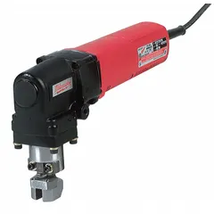 Corded nibbler for cutting sheet metal, rated for steel up to 10 ga. Operates on 120V AC with a 0° swivel angle and a minimum cutting radius of 2 1/2 in. Suitable for making clean, burr-free cuts in metal fabrication, HVAC, and construction applications.