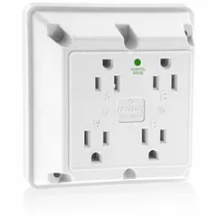 General purpose quad receptacle rated 125V AC, 15 A, 2 Pole / 3 Wire. Accepts standard 5-15R plugs. White finish. Suitable for commercial and institutional environments requiring multiple outlets in a single device.