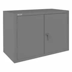 This welded steel cabinet with gray powder-coated finish measures 48 1/4 x 24 1/4 x 36 inches. It includes two adjustable shelves and a recessed swing handle that accepts a padlock for secure storage. Suitable for organizing tools, parts, and equipment in industrial settings.