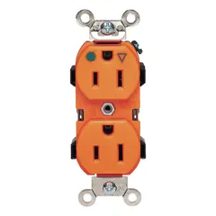 Specification grade, duplex receptacle with 5-15R configuration, rated 125V AC and 15A, 2-pole/3-wire grounding. Orange housing identifies isolated-ground circuit for sensitive electronic equipment. Suitable for use in healthcare facilities, laboratories, and industrial environments requiring isolated-ground receptacles.