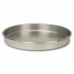 This stainless steel testing pan has an 8-inch overall diameter and is designed for use with standard 8-inch test sieves. It serves as a collection pan in particle size analysis, capturing fine particles that pass through the finest sieve in a sieve stack.