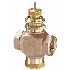 3-way globe valve with bronze body, stainless steel stem, and brass seat. Features 0.73 CV flow and 1/2 in female NPT connections. Used for regulating water flow in hydronic heating and cooling systems, such as fan coil units and zone control.