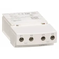 Front-mounted auxiliary contact block with one normally open and one normally closed contact. Rated for 5 A AC maximum current. Designed for use with TeSys series contactors and starters to provide additional signal or status feedback in motor control circuits.