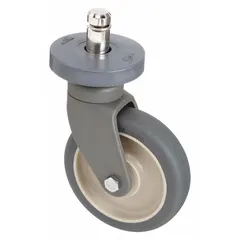 Caster kit for wire shelving with a 5-inch diameter wheel. Wheel is polyurethane with a nylon core; caster body is nickel plated. Adds mobility to shelving units in commercial kitchens, laboratories, and warehouses.