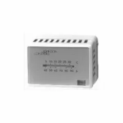 Single-temperature pneumatic thermostat with reverse action and 2-pipe high-volume air flow output. Designed for vertical mounting; cover not included. Used in pneumatic control loops for regulating heating or cooling valves and dampers in commercial HVAC systems.