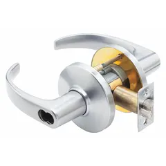 This storeroom lever lockset features a satin chromium-plated zinc finish and a 9K curved return lever. It is ADA compliant and includes a Large Format Interchangeable Core (LFIC). The ANSI F86 function allows key-only entry from outside and free egress from inside, suitable for commercial interior doors requiring secure access control.