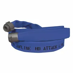 Double-jacket attack fire hose with 2 in inside diameter and 100 ft length. Constructed from blue polyester with Rocker lug design and aluminum NPSH couplings. Used for high-pressure water delivery in firefighting operations.