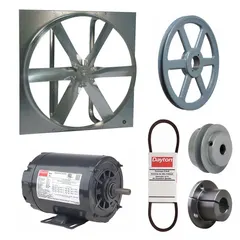 Unassembled belt-drive panel exhaust fan with drive package. 30-inch blade, 1/4 hp motor delivers 7,096 cfm at 230/460V AC, 3-phase. Zinc-plated steel frame, open dripproof motor with Class B insulation, single-speed. Without intake guards. For general ventilation in industrial and commercial spaces.