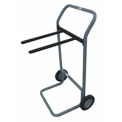 This hand truck is designed for transporting up to 16 folding chairs. It features a flow-back design, gray finish, and 8-inch diameter wheels with tread on core. Suitable for moving chairs in event venues, schools, and banquet halls.