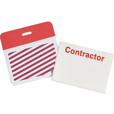 BRADY Card Clip On Badge: Contractor, Vinyl, Red, 2 in Card Ht, 3 in Card Wd - Clip-On ID Badges