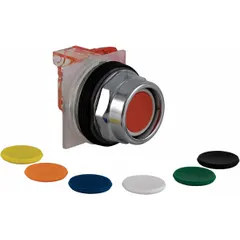 This SCHNEIDER push button is a momentary-action, extended-profile operator from the 9001K series. It features a metallic push button material and is designed for 30 mm panel mounting with a single normally open (1NO) contact. Suitable for industrial control panel applications requiring a non-illuminated, durable operator.