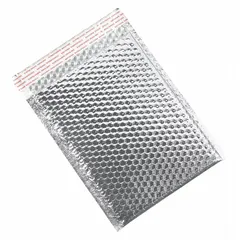 Silver bubble mailers with a 9-inch usable width and 11 1/2-inch usable length, sold in packs of 100. Each mailer has a 9-inch outside width and includes a tear strip for easy opening. Suitable for shipping small, fragile items requiring cushioning protection.
