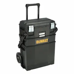This plastic rolling tool box set is designed for transporting and organizing tools on job sites. It measures 22 inches wide, 16-1/2 inches deep, and 29 inches high, with a black and yellow finish. The lift-up lid and latch closure secure contents during transport.