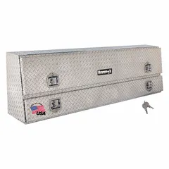 This topside box features dual flip-up drop-down doors with a double lid design. It is equipped with a T-handle and single point locking mechanism, secured by a keyed lock. Suitable for organized storage of tools and equipment on service trucks or work vehicles.