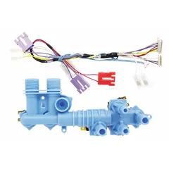 OEM replacement water inlet valve for Whirlpool washing machines and dryers. Controls the flow of water into the appliance, opening and closing to allow water entry during appropriate cycles.
