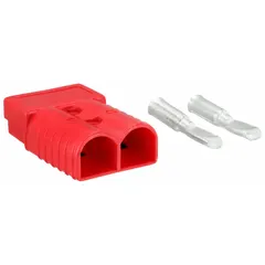 This plug-in connector is rated for 350A maximum current and accepts 2/0 gauge wire. The red housing provides color-coded identification for quick assembly in high-current systems. Typical applications include welding equipment, battery charging circuits, and heavy machinery power distribution.