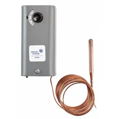 Indoor single-stage line-voltage mechanical thermostat with SPST switch action (open on rise). Adjustable temperature control range 50° to 200°F and adjustable differential 6° to 24°F. Operates on 120 to 277V AC. Steel enclosure with 10 ft capillary and 2-1/2 in x 3/8 in bulb. Suitable for temperature control in HVAC systems such as duct heaters, unit heaters, and refrigeration equipment.