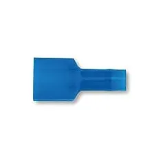 Blue nylon full-coverage male tab quick disconnect for 16 AWG to 14 AWG wire. Used for making secure, removable electrical connections in control panels, appliances, and automotive wiring.