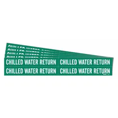 Green adhesive pipe marker with white legend reading 'Chilled Water Return'. Fits pipe outer diameters from 3/4 to 2-3/8 inches. Pack of 5 markers without arrows. Used to identify chilled water return lines in HVAC and industrial piping systems.