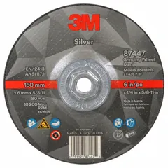 3M 87447 depressed center grinding wheel for carbon and stainless steel. Type 27, 6" diameter, 1/4" thickness, 5/8"-11 arbor. Ceramic grain, 36 grit, silver color. Used for heavy stock removal, weld grinding, and general metal fabrication.