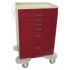 This steel medical supply cart features a red cabinet and red drawers, configured with two swivel casters and two swivel casters with brakes. It is designed for organizing and transporting medical supplies, instruments, and equipment in healthcare settings such as hospitals and clinics.