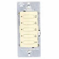 This digital pre-set countdown timer operates as a single-pole, single-throw (SPST) switch rated for 120/277V AC. It offers a timing range from 2 hours minimum to 24 hours maximum, with no hold function. The ivory finish unit is supplied without a wall plate. Commonly used to automatically control lighting, fans, or other loads in commercial and industrial spaces, switching off after a set period to save energy.