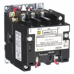 This SQUARE D NEMA magnetic contactor is a non-reversing, 3-pole device rated NEMA Size 1, 27 A at 208V AC. It is used for switching motors, lighting, and heating loads in industrial control panels and machinery.