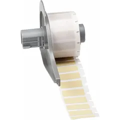 Polyimide precut label roll with permanent adhesive, measuring 1 in x 3/8 in. Designed for use with the M710 printer series. Suitable for industrial labeling applications requiring heat and chemical resistance, such as circuit board and equipment identification.