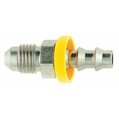 Steel barbed hydraulic hose fitting with JIC male threads on one end and hose barb on the other. Designed for -8 dash size hose (1/2 in I.D.). Used to connect hydraulic hoses to JIC ports in fluid power systems.