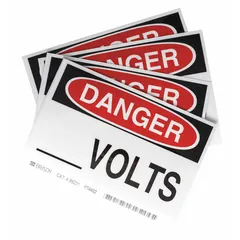 Adhesive-mounted polyester signs for marking electrical hazards. Each sign measures 3 1/2 in x 5 in with a thickness of 0.01 in. Supplied in a 5-pack. Suitable for mounting on equipment or panels to warn personnel of dangerous voltages.