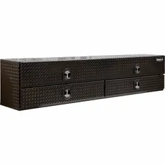This dual flip-up drop-down door topside box is designed for side-mount installation on commercial vehicles. It features a gloss black finish and a keyed T-Handle Compression lock for secure storage. Overall width is 90 inches.