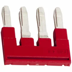 Red jumper bridge designed for use with TRP Push-In Terminal Blocks, compatible with SCHNEIDER NSYTRP42 model. Used to create electrical connections between adjacent points in terminal block systems for industrial control panels and distribution boards.
