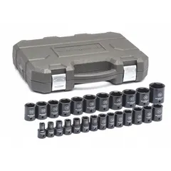 This SAE impact socket set features a 3/8 in drive and covers socket sizes from 8 mm to 36 mm. The manganese phosphate finish provides corrosion resistance. Designed for use with impact wrenches in fastening and loosening applications.