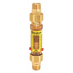 This inline variable area flowmeter measures water flow in liters with a scale display and +/-5% accuracy. It features universal mounting orientation and Buna-N seals and O-rings. Typical applications include monitoring flow in industrial water systems, cooling circuits, and process lines.