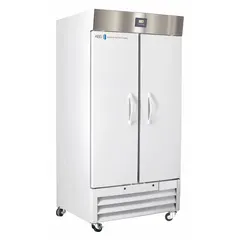 This upright lab refrigerator provides 36 cu ft of storage capacity with a temperature range of 1°C to 10°C, suitable for preserving reagents, media, and biological samples. It features a white swing solid door that opens to the right, uses R-290 refrigerant, and includes a temperature alarm for content protection. Overall depth is 34 3/4 in.