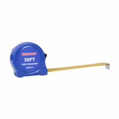 This 30 ft tape measure features a nonmagnetic single hook tip and a plastic case in black/blue. SAE graduations include 1/32 in increments for the first 12 in, feet markings, and stud markings. Manual lock and 7 ft standout support layout and measuring tasks in construction and carpentry.