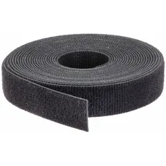 This cut-to-length hook-and-loop cable tie roll is made of black polyethylene and measures 0.75 inches wide by 15 feet long. It has a tensile strength of 50 pounds and is used for bundling, securing, and organizing cables, wires, and hoses in electrical and industrial applications.