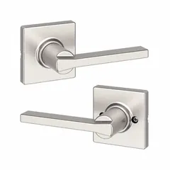 This KWIKSET storeroom lever lockset features a Rose style with a Satin Nickel-Plated Zinc finish. It is ADA compliant and meets ANSI F75 Hall function, allowing key-only egress from the outside and free egress from the inside. Suitable for interior doors in commercial or institutional settings requiring controlled access.