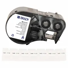 Precut label roll cartridge for M511 printer series. Contains 360 self-extinguishing vinyl labels in white matte finish, each measuring 3/4 in x 1/2 in. Used for industrial identification such as cable wraps, wire marking, and component labeling in electrical panels or machinery.