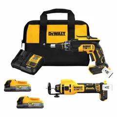 This kit includes a cut-out tool with collet and cut-out bit for precise outlet and switch cutouts, and a screw gun for fast panel fastening. Both tools operate on the 20V MAX* battery platform for cordless mobility on drywall installation and finishing jobs.