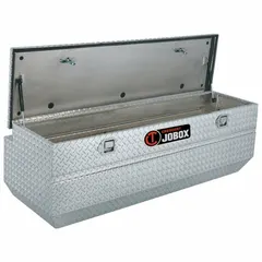 This single-lid utility chest truck box is constructed from aluminum with a silver finish. It measures 61 inches wide by 18 3/4 inches deep and features a paddle handle latch for secure closure. Suitable for organizing and storing tools and equipment in pickup truck beds for various industrial and maintenance tasks.