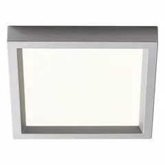 This low-profile square surface-mount downlight features a silver aluminum housing and a 4-inch nominal size. It delivers 650 lumens at 2700K color temperature, consuming 10 watts on 120/277V AC. Suitable for vanity and accent lighting in residential or commercial spaces where a compact, modern fixture is required.