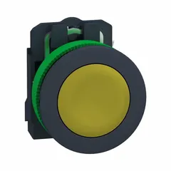 Momentary flush-mount push button from the XB5 series. Features a 30 mm flush profile, non-metallic construction, and 1 normally open contact. Suitable for panel building and industrial control applications requiring a low-profile, corrosion-resistant operator.