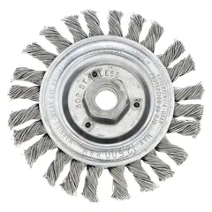 Stainless steel wire wheel brush for cleaning stringer beads on stainless steel welds. Removes slag, discoloration, and oxidation without contaminating the weld surface. Features 5" diameter, 1/2" width, 0.023" fill, and 5/8"-11 arbor for use with standard angle grinders.