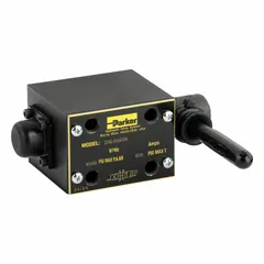 Lever-operated directional control valve, D05 NFPA size, three positions, manifold mounting. Maximum flow rate 40 gpm. Suitable for industrial hydraulic systems requiring manual directional control of actuators.