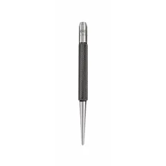 This centering punch features a round, knurled grip for secure handling. It creates a precise dimple on metal surfaces to guide drill bits, preventing wandering. Commonly used in machining, fabrication, and maintenance for layout and drilling operations.