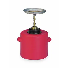 Red polyethylene plunger can with 1-gallon capacity. Designed for one-handed dispensing of flammable liquids onto rags or swabs in industrial maintenance and cleaning tasks. Suitable for use in workshops, factories, and laboratories.