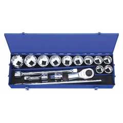 This 17-piece set includes 12-point SAE sockets ranging from 1-7/16 in to 2-1/2 in with a 1-inch drive. The set includes drive tools for tightening and loosening fasteners in heavy-duty applications such as industrial maintenance, automotive repair, and equipment assembly.