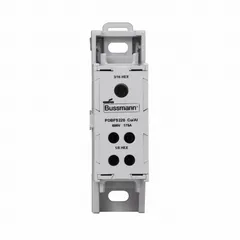 This finger-safe power distribution block from BUSSMANN features lug-to-lug connections and mounts on DIN-rail. It accepts line-side wire sizes from 14 AWG to 2/0 AWG and is compatible with aluminum conductors. Suitable for distributing power in industrial control panels.
